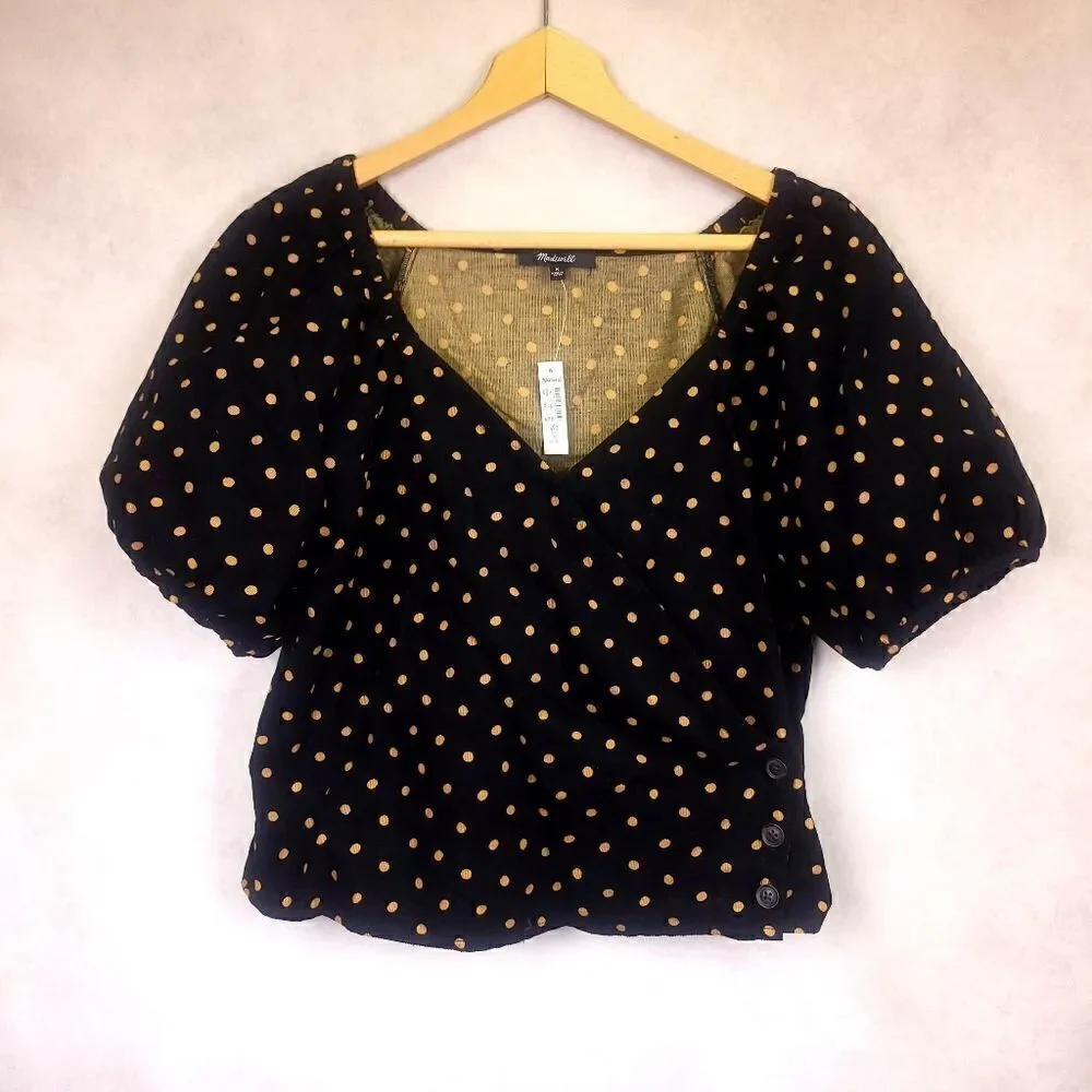 Madewell Corduroy Black Yellow Polka Dot Wrap Top with Puff Sleeve Med
